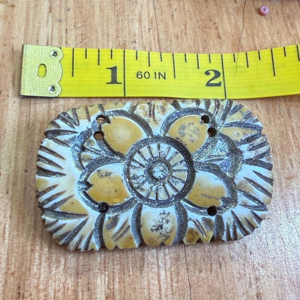 Vintage Carved Floral Brooch Yellow Cream Rectangular Scalloped Edge Pin 2.5"